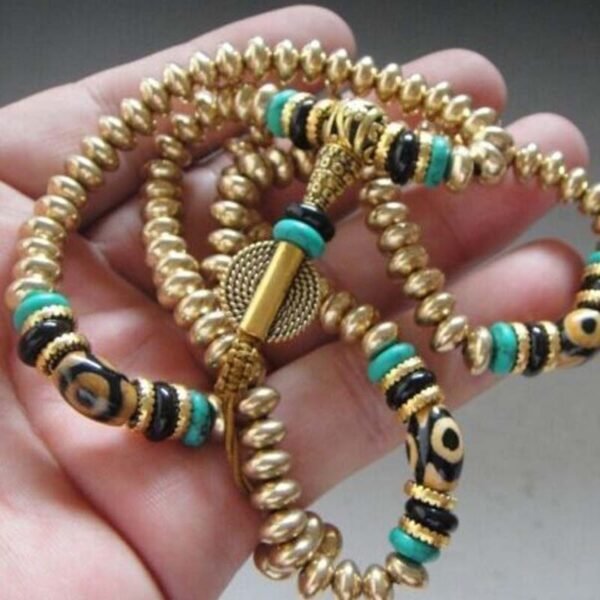 Buddha-zu-Buddha-Armband, dreiäugige Achat-Dzi-Perlen, nepalesisches Kupferperlenarmband mit Türkis eingelegt, Abakusperlen aus reinem Kupfer – Bild 4