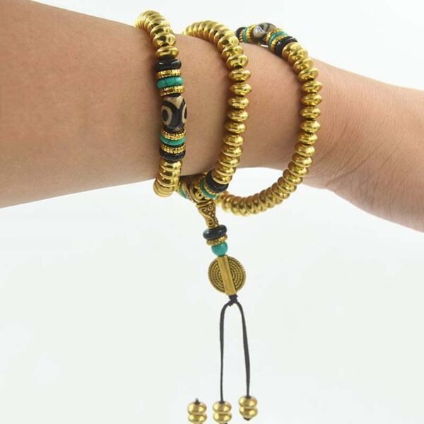 Buddha-zu-Buddha-Armband, dreiäugige Achat-Dzi-Perlen, nepalesisches Kupferperlenarmband mit Türkis eingelegt, Abakusperlen aus reinem Kupfer